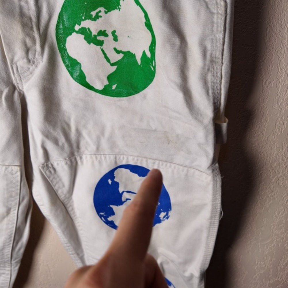 Stan Ray USA Mens White Earth Globe Print Carpenter Pants 33 *STAINED* - Picture 3 of 12